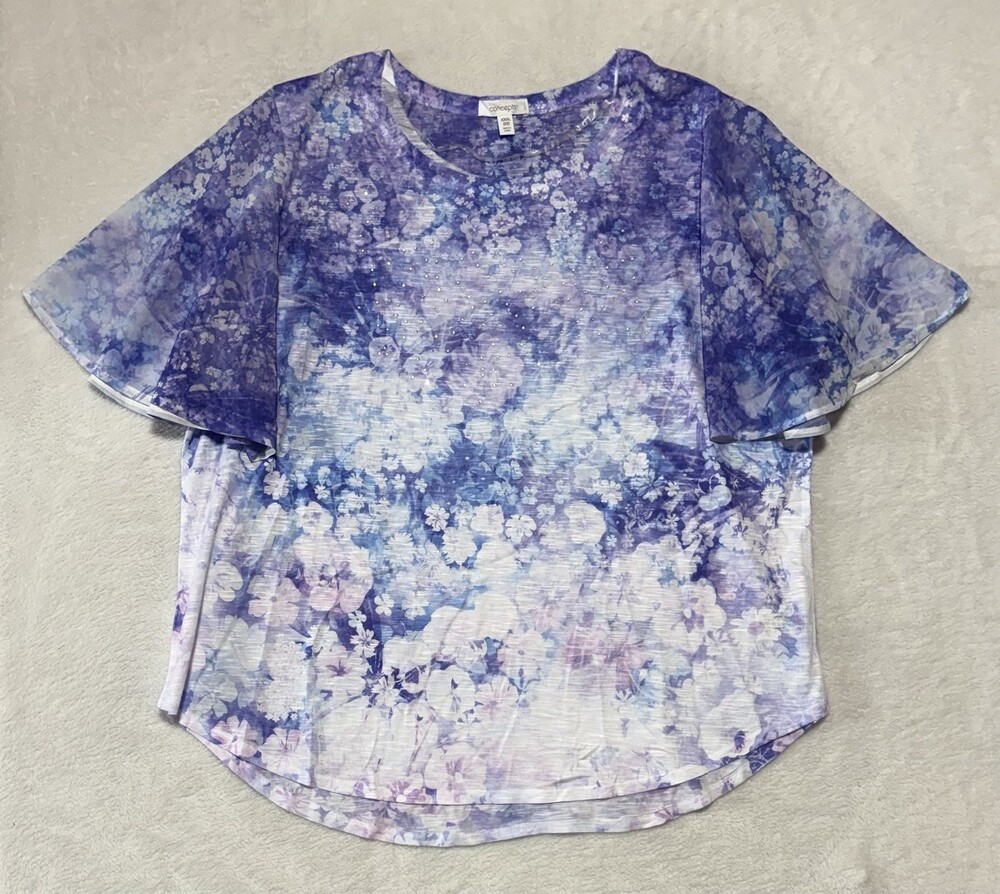 Concepts Shirt Womens XXXL 22 Multicolor Floral Rhinestone Flutter Sleeve Top